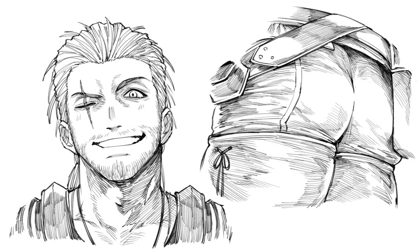 1boy ass bara beard_stubble close-up cropped_legs cropped_torso facial_hair final_fantasy final_fantasy_xvi gav_(ff16) grin highres long_hair looking_at_viewer male_focus mature_male multiple_views mustache_stubble scar scar_across_eye smile stubble thick_eyebrows zanki