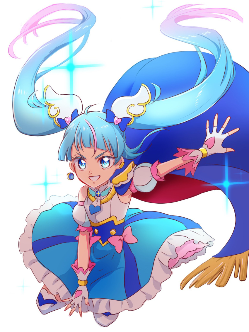 asymmetrical_clothes blue_cape blue_dress blue_eyes blue_hair blue_theme cape commentary_request cure_sky detached_sleeves dress earrings eyelashes female fingerless_gloves fpminnie1 gloves gradient_hair hair_ornament happy highres hirogaru_sky!_precure jewelry light_blue_hair long_hair looking_at_viewer magical_girl multicolored_hair pink_hair precure puffy_short_sleeves puffy_sleeves red_cape short_sleeves simple_background smile solo sora_harewataru streaked_hair thighhighs thighs twintails two-sided_cape two-sided_fabric white_background white_gloves