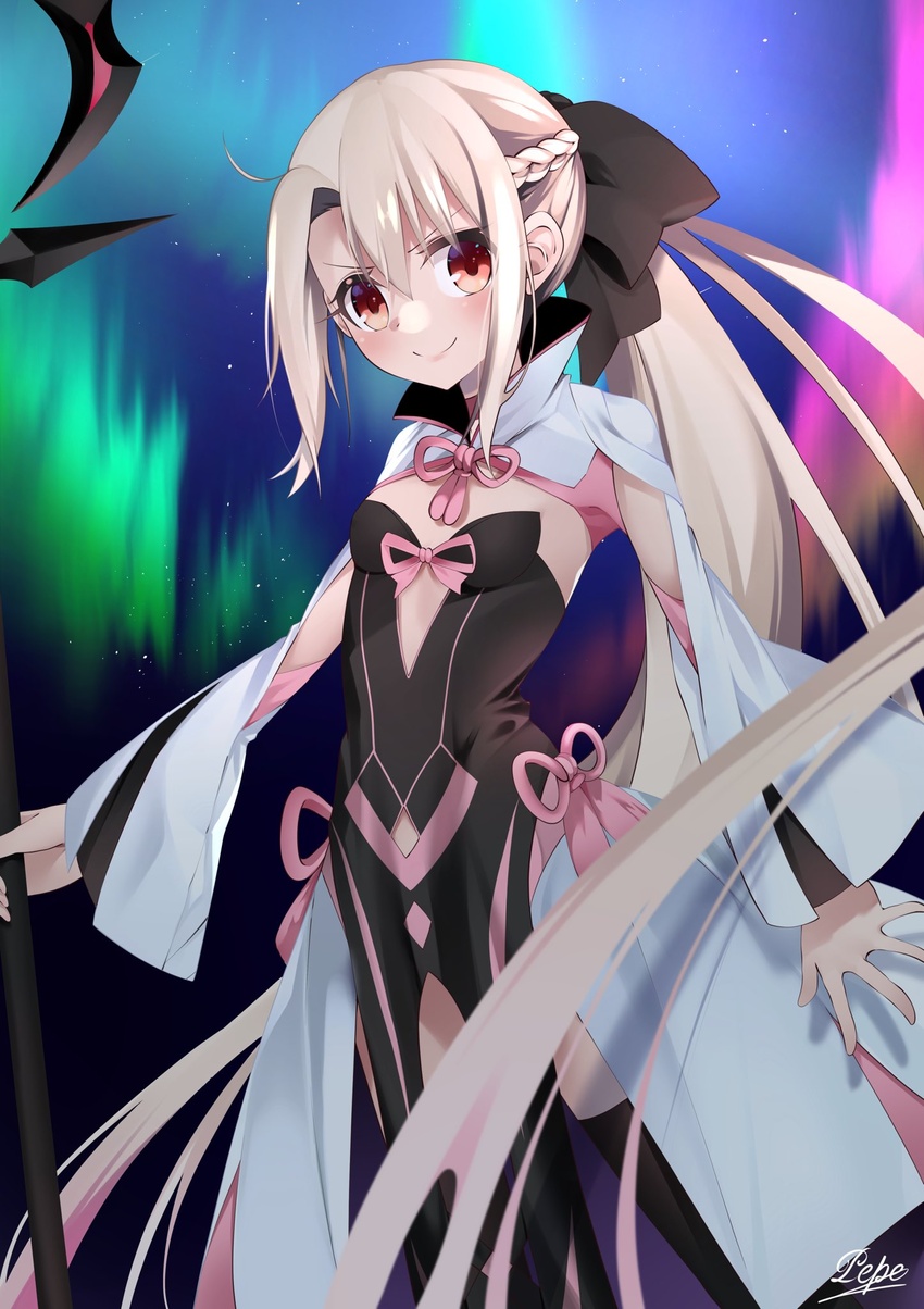 braid breasts center_opening clothing_cutout commentary cosplay crown fate/grand_order fate/kaleid_liner_prisma_illya fate_(series) female half_up_braid highres holding holding_wand illyasviel_von_einzbern magical_girl morgan_le_fay_(fate) morgan_le_fay_(fate)_(cosplay) pei_iriya ponytail red_eyes small_breasts smile solo stomach_cutout two-tone_dress wand