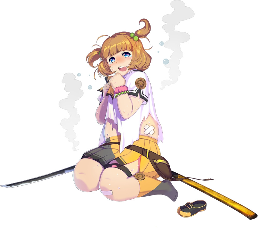 artist_request bandaid beads belt blue_eyes blunt_bangs boots bracelet dot_nose female full_body hair_beads hair_ornament hasebe_shikiri jewelry katana light_brown_hair looking_at_viewer medium_hair navel no_shoes official_art open_mouth pleated_skirt shinken!! shirt shoes short_sleeves simple_background single_shoe skirt solo sweat sword tareme tearing_up thick_thighs thigh_strap thighs third-party_source torn_clothes torn_shirt two_side_up unworn_shoes weapon white_background white_shirt