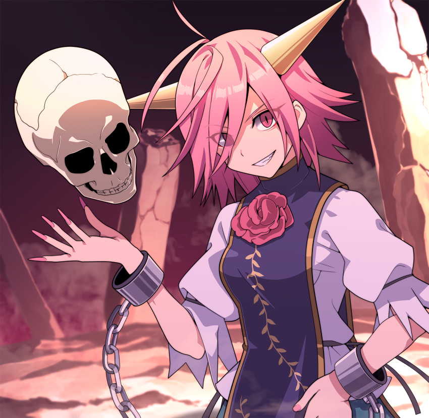 ahoge chains commentary_request cuffs eyes_visible_through_hair female fingernails flower grin hand_on_own_hip highres horns ibaraki_douji's_arm looking_at_viewer nail_polish nurupo_(abooon) oni_horns photoshop_(medium) pink_eyes pink_flower pink_hair pink_rose puffy_short_sleeves puffy_sleeves rose shackles sharp_fingernails shirt short_sleeves skull slit_pupils smile solo tabard touhou upper_body white_shirt