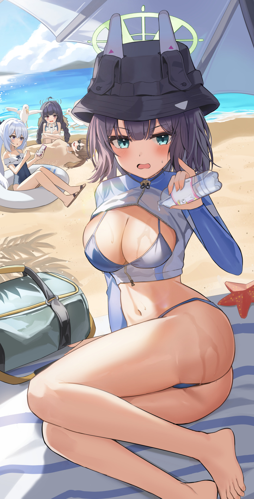 4girls absurdres aqua_eyes bag beach bikini bird black_hair blue_archive blue_bikini blue_hair blue_one-piece_swimsuit bottle bow braid breasts brown_hair bucket_hat buried casual_one-piece_swimsuit cleavage dark_blue_hair feet frilled_one-piece_swimsuit frills hairbow halo hat hat_on_back highres holding holding_bottle holding_phone hugging_own_legs innertube iv_(iv70311741) large_breasts legs long_hair miyako_(blue_archive) miyako_(swimsuit)_(blue_archive) miyu_(blue_archive) miyu_(swimsuit)_(blue_archive) moe_(blue_archive) moe_(swimsuit)_(blue_archive) multiple_girls navel ocean official_alternate_costume one-piece_swimsuit outdoors partially_unzipped phone ponytail pouring pouring_onto_self purple_eyes rabbit_platoon_(blue_archive) raglan_sleeves rash_guard red_eyes saki_(blue_archive) saki_(swimsuit)_(blue_archive) school_bag seagull short_hair sideboob sitting small_breasts starfish stomach straw_hat sunglasses swim_ring swimsuit toenails toes twin_braids twintails water_bottle wet white_bikini white_hair yokozuwari