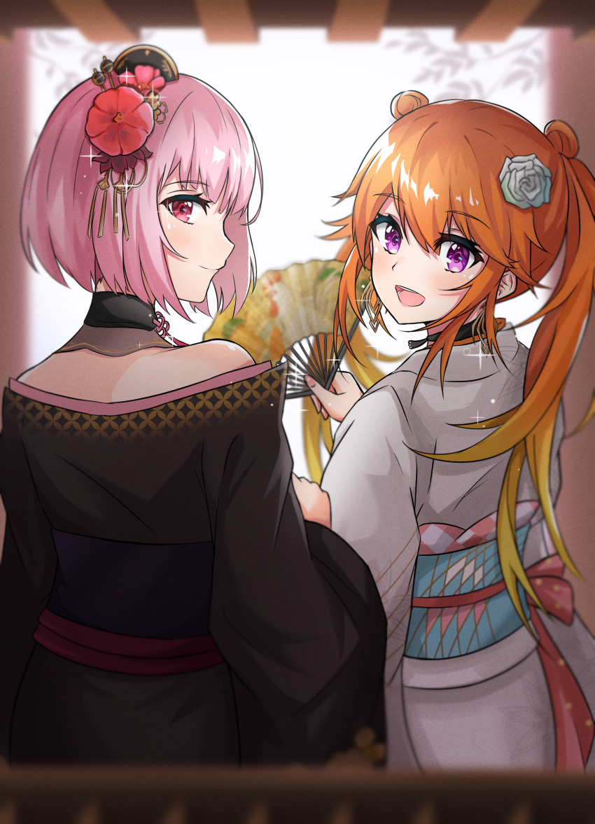 2girls absurdres black_kimono earrings feather_earrings feathers floral_print flower gradient_hair hair_flower hair_ornament highres hololive hololive_english japanese_clothes jewelry kimono looking_at_viewer mori_calliope mori_calliope_(new_year) multicolored_hair multiple_girls obi official_alternate_costume orange_hair pink_hair print_kimono purple_eyes red_eyes sash short_hair takanashi_kiara takanashi_kiara_(new_year) virtual_youtuber white_kimono wide_sleeves yuiwata_k yukata