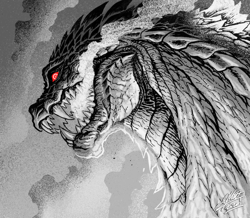 colored_sclera giant giant_monster glowing glowing_eyes godzilla godzilla_(series) godzilla_singular_point godzilla_ultima greyscale highres kaijuu looking_at_viewer matt_frank monochrome monster no_humans open_mouth red_eyes red_sclera sharp_teeth signature smoke smoke_from_mouth spines spot_color teeth