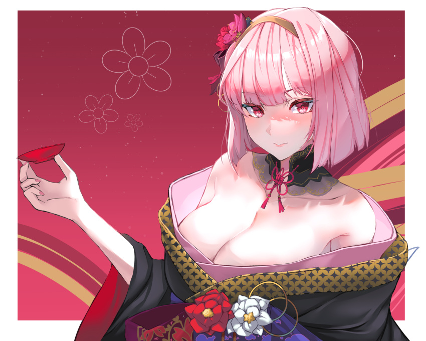 absurdres bare_shoulders black_kimono blunt_bangs blush border breasts cleavage closed_mouth collarbone cup detached_collar english_commentary female flower hair_flower hair_ornament hairband hand_up highres holding holding_cup hololive hololive_english japanese_clothes kimono large_breasts lessone looking_at_viewer mori_calliope mori_calliope_(new_year) nail_polish neck_ribbon new_year obi off_shoulder official_alternate_costume official_alternate_hair_length official_alternate_hairstyle pink_hair pink_nails red_eyes red_flower red_rose ribbon rose sakazuki sash short_hair solo upper_body virtual_youtuber white_border white_ribbon