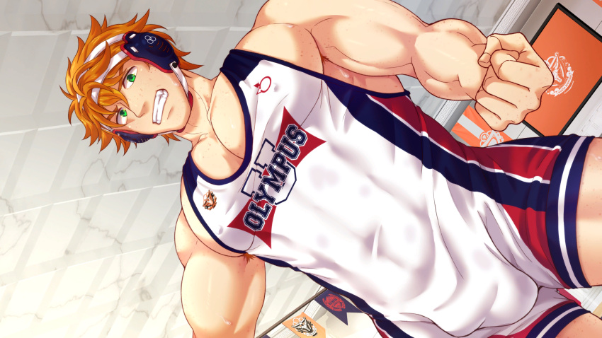 1boy bara bryce_callahan bulge ceiling collaboration cowboy_shot dutch_angle freckles green_eyes highres indoors jock_studio_(blits_games) male_focus mikkoukun muscular muscular_male non-web_source official_art orange_hair pectorals short_hair solo variant_set wrestling_outfit zamius