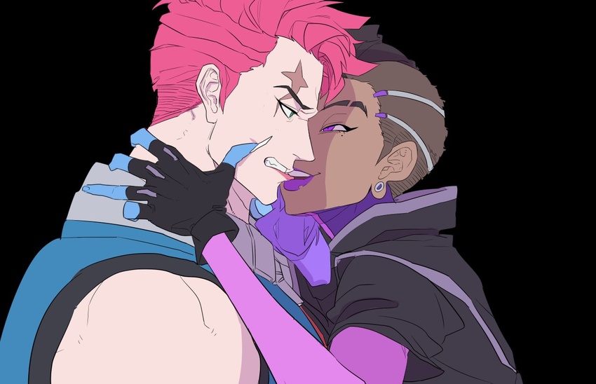 2girls asymmetrical_hair bbwind biting biting_another's_lip black_background black_hair commentary_request dark-skinned_female dark_skin face-to-face interracial kissing korean_commentary lips lipstick makeup mole mole_under_eye multiple_girls oerba_yun_fang overwatch overwatch_1 pink_hair purple_eyes purple_hair purple_lips scar scar_across_eye scar_on_face short_hair sidecut sombra_(overwatch) teeth undercut yuri zarya_(overwatch)