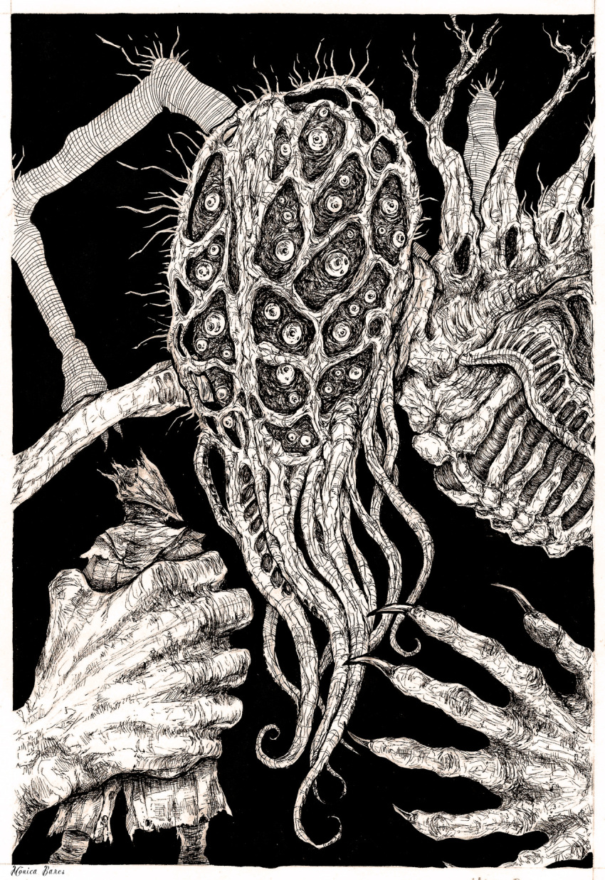 1boy amygdala bloodborne claws from_software hat highres horror_(theme) hunter_(bloodborne) inking monicabares monochrome size_difference tendril too_many_eyes video_game