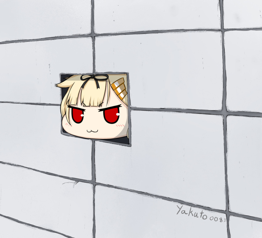 :3 artist_name black_ribbon blonde_hair blunt_bangs blush ceiling_cat chibi female hair_flaps hair_ornament hair_ribbon hairclip kantai_collection one-hour_drawing_challenge red_eyes ribbon sidelocks solo tile_wall tiles twitter_username yakuto007 yuudachi_(kancolle) yuudachi_kai_ni_(kancolle)