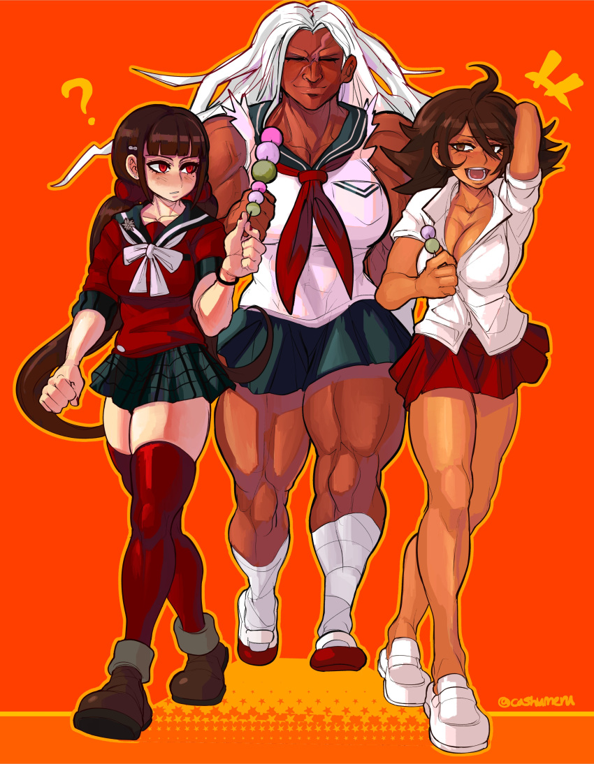 +++ 3girls :d ? absurdres ahoge arm_behind_head bandaged_leg bandages black_skirt blunt_bangs blush bow bowtie breast_pocket breasts brown_eyes brown_hair cashumeru cleavage closed_eyes collarbone commentary commission danganronpa:_trigger_happy_havoc danganronpa_(series) danganronpa_2:_goodbye_despair danganronpa_v3:_killing_harmony dango dark-skinned_female dark_skin english_commentary food full_body hair_ornament hair_scrunchie harukawa_maki highres hikarimachi_high_school_uniform holding large_breasts legs loafers long_hair looking_at_another low_twintails medium_breasts miniskirt mole mole_under_eye multiple_girls muscular muscular_female nail_polish neckerchief ogami_sakura open_mouth orange_background orange_outline owari_akane plaid plaid_skirt pleated_skirt pocket red_eyes red_legwear red_nails red_neckerchief red_scrunchie red_shirt red_skirt sanshoku_dango scar school_uniform scrunchie serafuku shiranui_high_school_uniform shirt shoes simple_background skirt smile standing star_(symbol) thick_thighs thighhighs thighs twintails twitter_username uwabaki very_long_hair wagashi walking white_bow white_bowtie white_hair white_shirt yuushinkan_high_school_uniform zettai_ryouiki