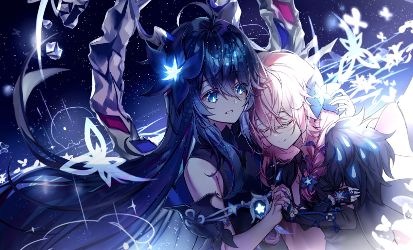 2girls absurdres bad_id bad_pixiv_id black_gloves blue_eyes blue_flower blue_hair closed_eyes closed_mouth commentary daydreamer_(elsword) elsword fingerless_gloves floating_hair flower gloves grin hair_between_eyes hair_flower hair_ornament highres holding_hands interlocked_fingers laby_(elsword) lium long_hair multiple_girls nisha_(elsword) nisha_labyrinth_(elsword) pink_hair smile very_long_hair