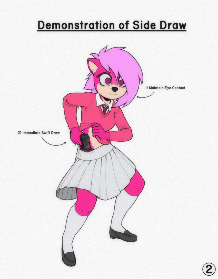 2023 absurd_res anthro bottomwear clothing english_text eulipotyphlan female gun handgun hedgehog hi_res holding_gun holding_object holding_ranged_weapon holding_weapon mammal pistol ranged_weapon ricksteubens sega simple_background skirt solo sonia_the_hedgehog sonic_the_hedgehog_(series) sonic_underground tamers12345's_sonic_underground text weapon white_background wide_eyed