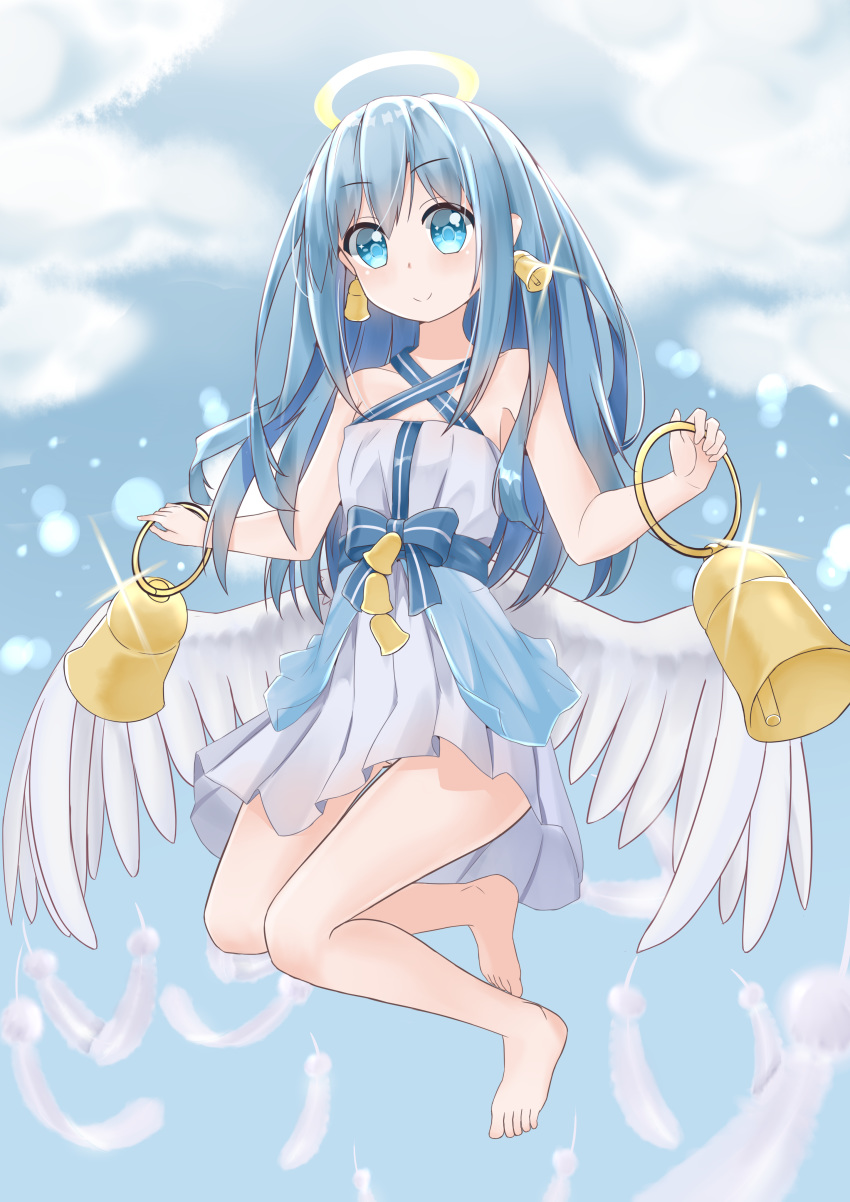 absurdres angel angel_wings bad_id bad_pixiv_id bare_shoulders barefoot bell bell_earrings bellringer_angel blue_eyes blue_hair blue_sky day dress earrings feathered_wings feathers female full_body fuyuki030 glint halo halterneck highres jewelry long_hair looking_at_viewer outdoors shadowverse sky smile solo white_dress white_feathers wings