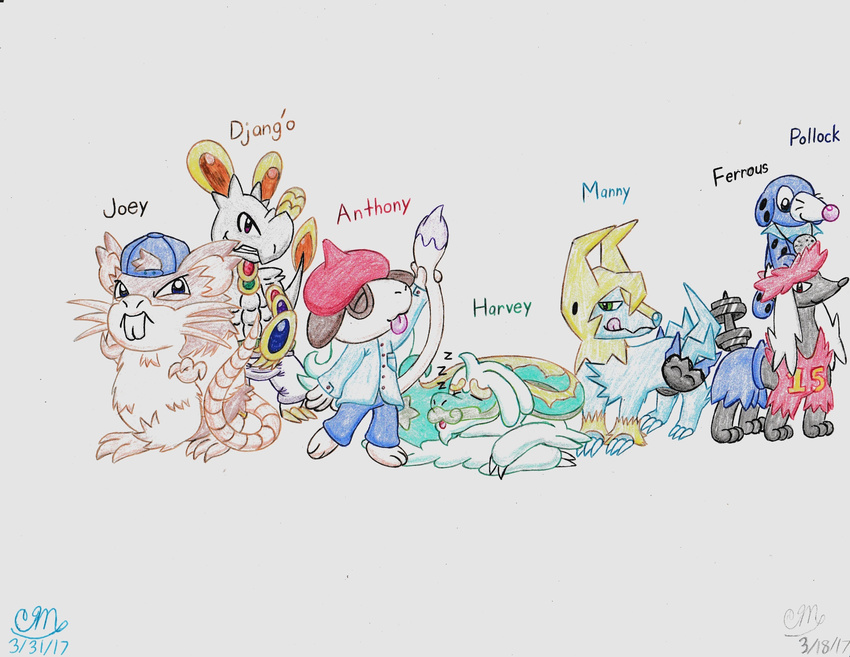 2017 absurd_res anthony_smeargle anthro barbell blue_eyes bottomwear canid canine closed_eyes clothed clothed_feral clothing djang'o_hakamo-o dragon drampa duck_hunt_dog_(artist) english_text everstone fan_character feral ferrous_furfrou fur furfrou furred_dragon furred_scalie generation_1_pokemon generation_2_pokemon generation_3_pokemon generation_6_pokemon generation_7_pokemon green_eyes group hakamo-o hat headgear headwear hi_res looking_at_viewer male mammal manectric marine multicolored_body multicolored_fur mythological_creature mythological_scalie mythology nintendo open_mouth paint pink_eyes pinniped pokemon pokemon_(species) popplio raticate red_eyes reptile rodent sagging_pants scalie shirt shorts simple_background size_difference sleeping smeargle smile tail tail_tuft text tongue topwear traditional_media_(artwork) tuft