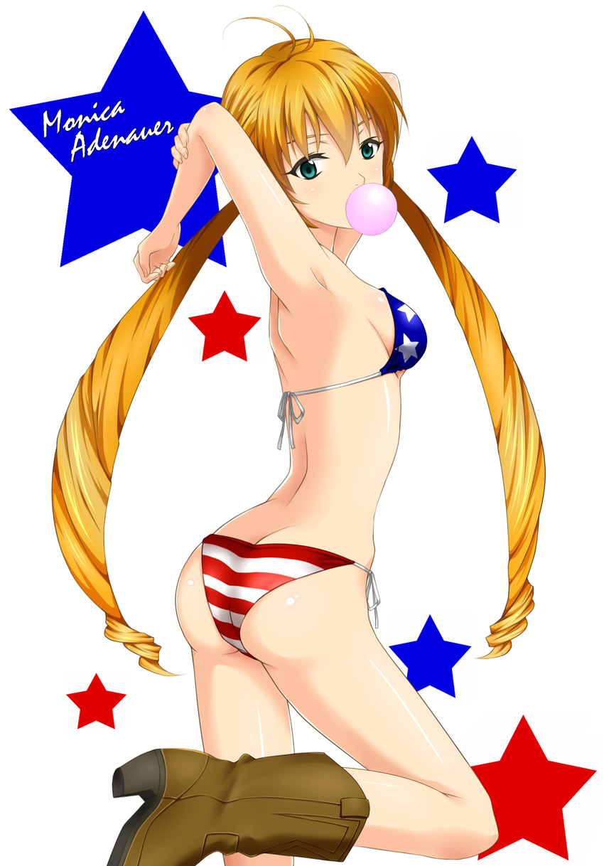 american_flag american_flag_bikini american_flag_print arched_back armpits arms_behind_head ass bikini blonde_hair blowing_bubbles boots breasts character_name chewing_gum commentary_request cowboy_boots female flag_print food green_eyes highres long_hair looking_at_viewer looking_back medium_breasts monica_adenauer nikoru_(nikolaschka-tnb) print_bikini shiny_skin side-tie_bikini_bottom sideboob solo string_bikini swimsuit twintails yakitate!!_japan