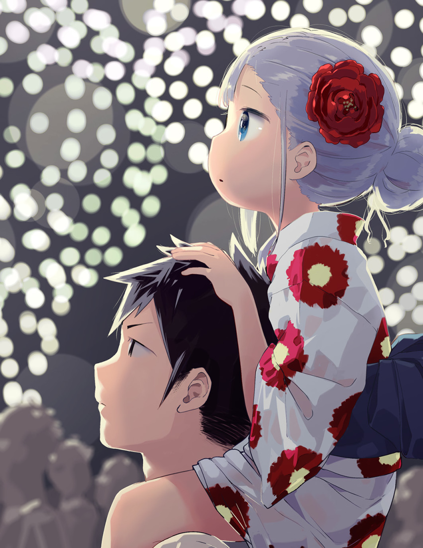 1boy aerial_fireworks aharen-san_wa_hakarenai aharen_reina backlighting black_eyes black_hair blue_eyes carrying closed_eyes commentary_request female fireworks floral_print flower from_side hair_bun hair_flower hair_ornament hair_up hand_on_another's_head highres japanese_clothes kimono light_purple_hair looking_away looking_up matsuboshi_raidou mizu_asato night night_sky obi official_art parted_lips petite photoshop_(medium) profile red_flower sash shoulder_carry single_hair_bun sky yukata