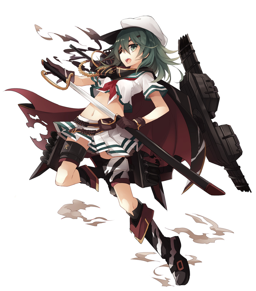 cape commentary_request cutlass eyepatch female green_hair hat highres kantai_collection kiso_(kancolle) kiso_kai_ni_(kancolle) orqz school_uniform serafuku short_hair solo sword weapon