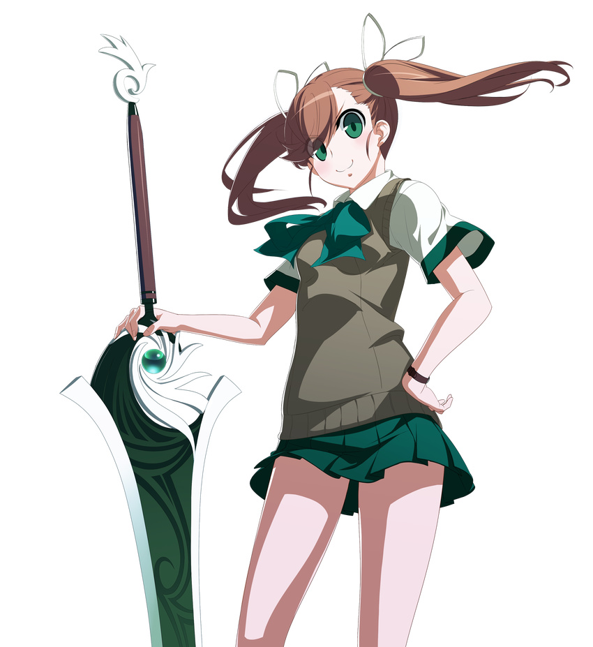 >:) brown_hair eyes_visible_through_hair female green_eyes green_skirt hair_ribbon hand_on_own_hip highres long_hair nanase_(under_night_in-birth) official_art pleated_skirt ribbon school_uniform short_sleeves skirt smile solo sweater_vest sword transparent_background twintails under_night_in-birth v-shaped_eyebrows weapon yoshihara_seiichi