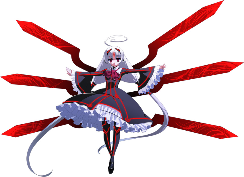 absurdly_long_hair ahoge black_pantyhose dress empty_eyes expressionless female forehead_jewel frilled_dress frilled_sleeves frills full_body glowing hair_ornament highres huge_ahoge long_hair long_sleeves looking_at_viewer low_twintails mary_janes official_art pantyhose red_eyes shoes solo transparent_background twintails under_night_in-birth vatista_(under_night_in-birth) very_long_hair white_hair wings yoshihara_seiichi