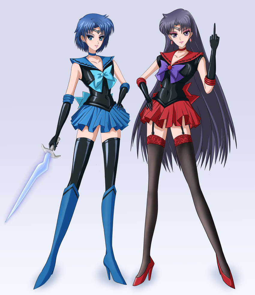 2girls back_bow bishoujo_senshi_sailor_moon black_gloves black_hair black_legwear blue_bow blue_choker blue_eyes blue_footwear blue_hair blue_sailor_collar boots bow choker commentary_request corruption crystal_sword dark_mercury dark_persona earrings elbow_gloves eyeshadow garter_straps gloves high_heels highres hino_rei inner_senshi jewelry kiryu_(pixiv1983506) lipstick long_hair magical_girl makeup middle_finger mizuno_ami multiple_girls purple_eyes red_sailor_collar sailor_collar sailor_mars sailor_mercury sailor_senshi sailor_senshi_uniform short_hair skirt sword thighhighs tiara unofficial_sailor_senshi_uniform weapon zettai_ryouiki