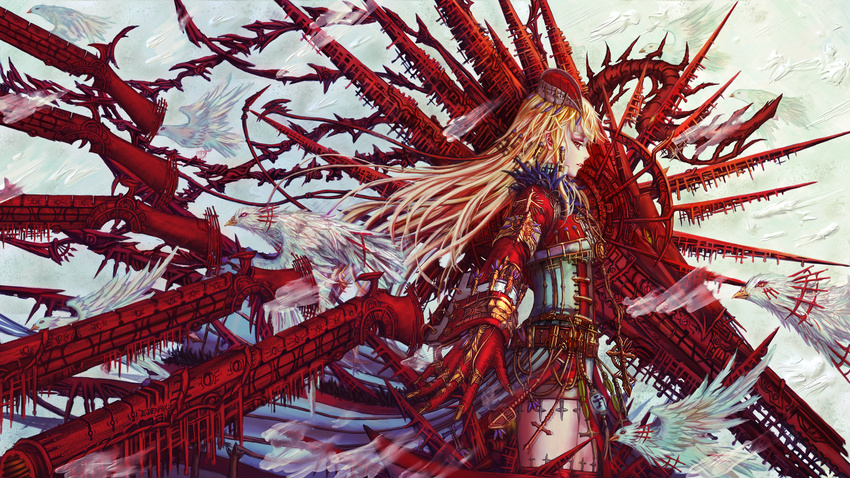 animal armor bird blonde_hair edenfox gun original red_eyes vampire weapon