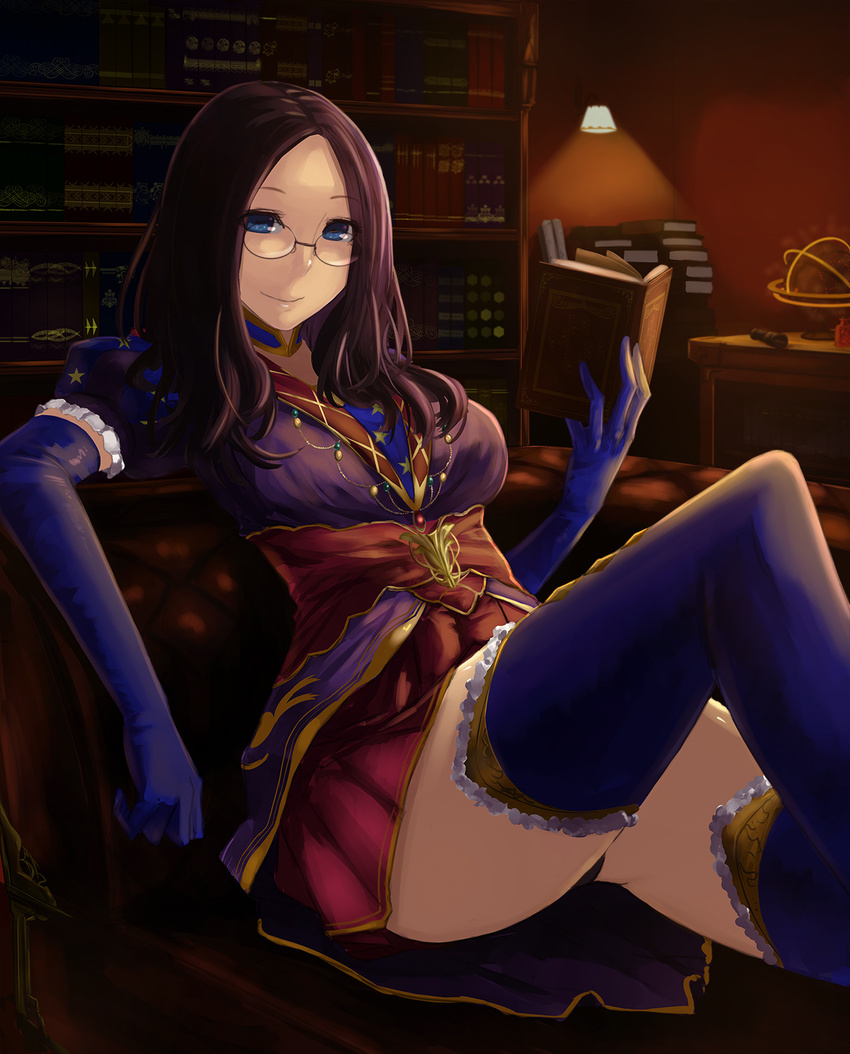 blue_eyes book breasts brown_hair coat elbow_gloves fate/grand_order fate_(series) female frills glasses gloves leonardo_da_vinci_(fate/grand_order) long_hair skirt smile thighhighs