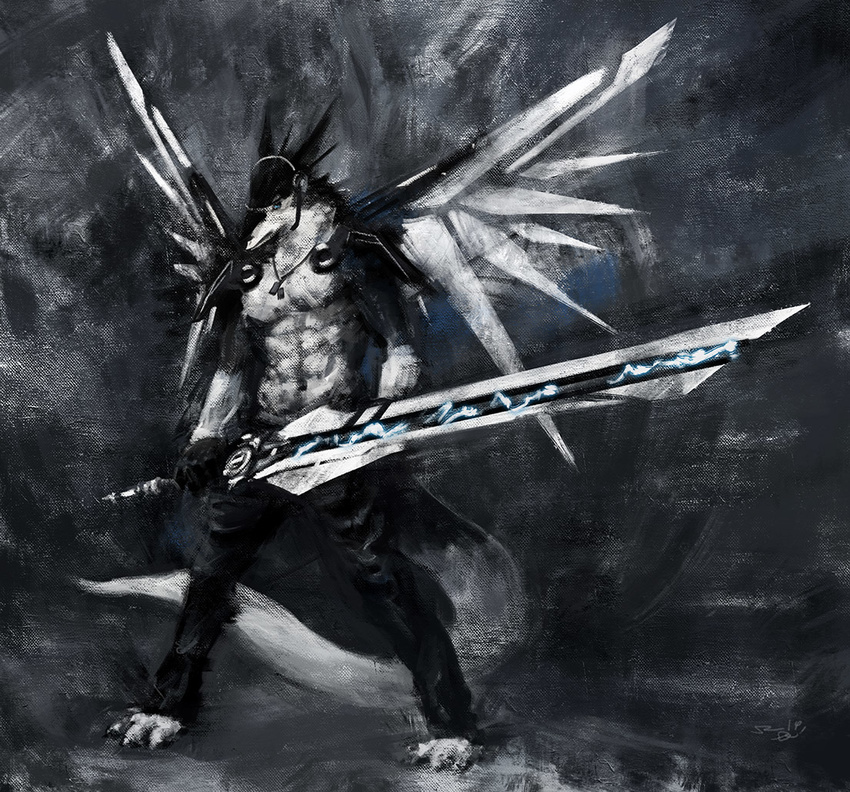 abs anthro biceps black_body black_fur black_hair blue_eyes discordnight fur hair jewelry looking_at_viewer male mammal muscular muscular_anthro muscular_male necklace racoonwolf science_fiction sergal solo tail