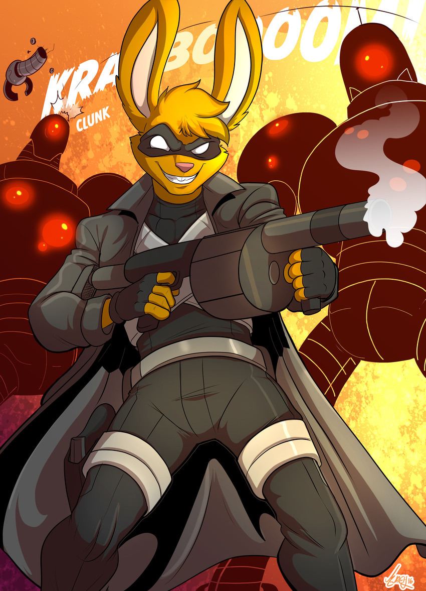 2016 absurd_res anthro belt bottomwear clothed clothing fur gloves grenade_launcher grin group gun gunbunny handwear hi_res holster jacket jaeh lagomorph leporid long_ears looking_at_viewer machine male mammal mask orange_body orange_fur pants pink_nose rabbit ranged_weapon robot smaller_version_at_source smile sound_effects topwear weapon