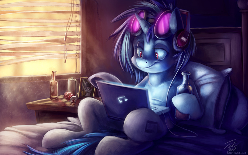 16:10 2015 bed blue_hair bottle can computer container cutie_mark detailed_background earth_pony electronics equid equine eyewear female feral friendship_is_magic furniture glasses hair hasbro headphones hip_flask horn horse laptop mammal my_little_pony mythological_creature mythological_equine mythology octavia_(mlp) photo pillow pony purple_eyes solo sophiecabra sunglasses tsitra360 unicorn vinyl_scratch_(mlp) widescreen window