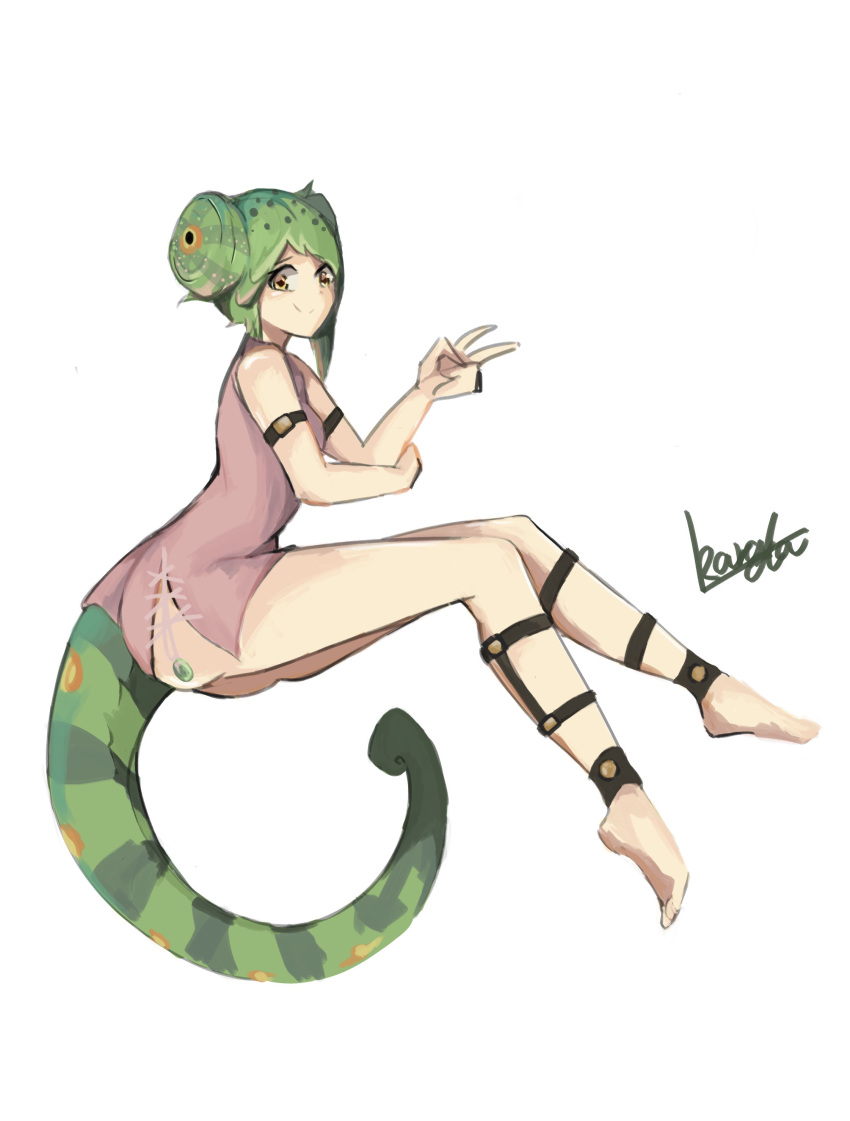 absurdres ankle_cuffs arm_belt chameleon_tail closed_mouth commentary_request diamond-shaped_pupils diamond_(shape) dress female from_side green_hair hand_on_own_elbow highres karada_(artist) lizard_tail looking_at_viewer medium_hair multicolored_hair original personification pink_dress reptile_girl side_slit simple_background sitting smile solo symbol-shaped_pupils tail v white_background yellow_eyes