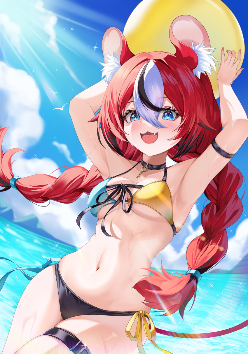 :3 :d absurdres animal_ears ball beachball bikini black_bikini_bottom black_choker black_hair blue_bikini blue_sky blush braid breasts choker cleavage cloud female hakos_baelz highres holding holding_ball holding_beachball hololive hololive_english jin_kemi long_hair looking_at_viewer medium_breasts mouse_ears mouse_girl mouse_tail multicolored_hair nail_polish oerba_yun_fang open_mouth red_hair red_nails sky smile solo streaked_hair swimsuit tail twin_braids two-tone_bikini virtual_youtuber water white_hair yellow_bikini