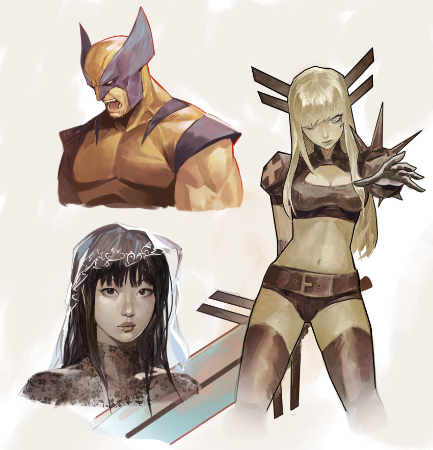 1boy 2girls absurdres animification beard black_gloves blonde_hair blue_eyes bodysuit breasts cleavage cleavage_cutout clothing_cutout crop_top facial_hair gloves highres holding holding_sword holding_weapon long_hair looking_at_viewer magik_(x-men) marvel midriff multiple_girls muscular navel short_shorts shorts subakeye superhero_costume sword thighhighs two-tone_bodysuit weapon wolverine_(x-men) x-men yellow_bodysuit