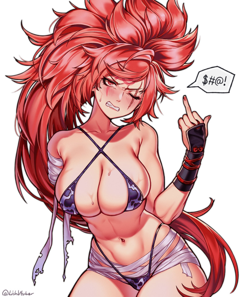 amputee animal_print armor baiken bandaged_arm bandages big_hair bikini blush breasts bsapricot cow_print cow_print_bikini facial_tattoo female grimace guilty_gear guilty_gear_strive highres japanese_armor kote large_breasts long_hair middle_finger one_eye_closed ponytail print_bikini red_eyes red_hair scar scar_across_eye solo stomach sweat swimsuit tattoo teeth twitter_username very_long_hair white_background