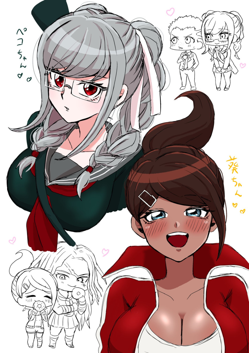 1boy 3girls :d asahina_aoi blush breasts cleavage cropped_torso danganronpa:_trigger_happy_havoc danganronpa_(series) danganronpa_2:_goodbye_despair dark-skinned_female dark_skin doughnut food grey_hair grey_sailor_collar hair_ribbon highres holding holding_food jacket kuzuryu_fuyuhiko large_breasts long_hair mozuku_(iiiiiiimomo) multiple_girls neckerchief ogami_sakura open_clothes open_jacket pekoyama_peko red_jacket red_neckerchief ribbon sailor_collar shiny_skin shirt smile standing translation_request twintails white_ribbon white_shirt