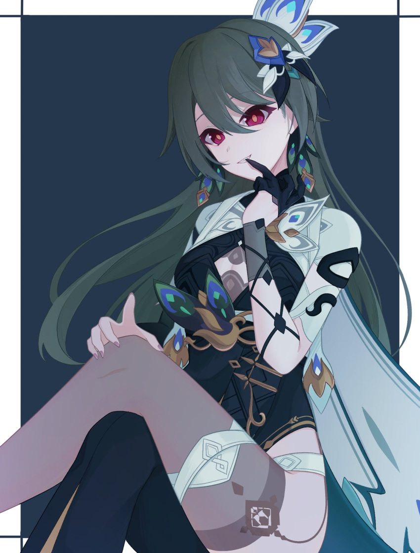 biting black_dress breasts cleavage_cutout clothing_cutout crossed_legs dress earrings feet_out_of_frame female glove_biting gloves grey_hair hair_between_eyes hair_ornament highres honkai_(series) honkai_impact_3rd jewelry long_hair looking_at_viewer open_mouth potato_258 red_eyes single_glove single_thighhigh sitting smile solo thighhighs very_long_hair vita_(honkai_impact) yellow_pupils