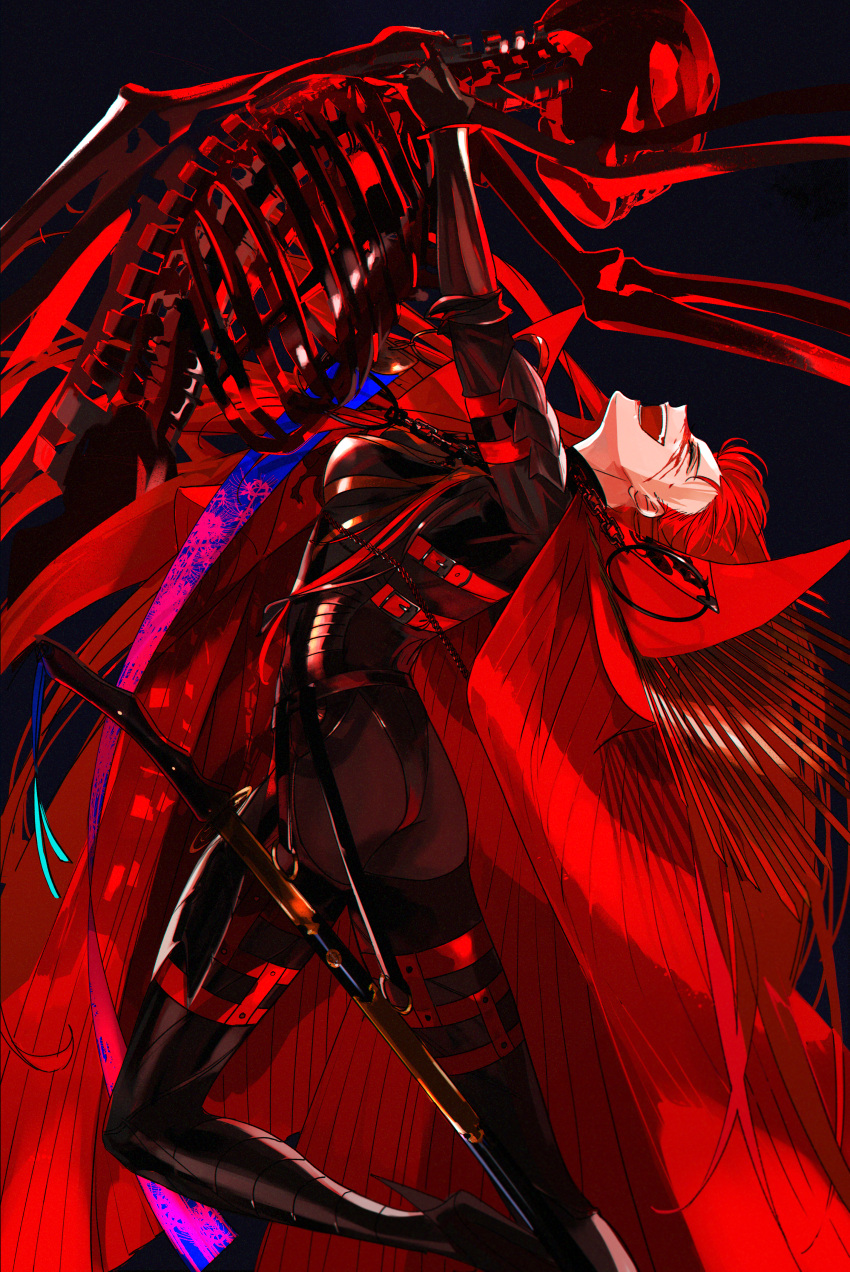 :d ^_^ absurdres belt black_bodysuit blood blood_splatter blue_background bodysuit cape chains closed_eyes collared_cape ddlcclia facing_another fate/grand_order fate_(series) feet_out_of_frame female film_grain from_side garter_straps hand_on_another's_neck highres holding_skeleton katana knee_up lifting_person oda_nobunaga_(fate) oda_nobunaga_(maou_avenger)_(fate) open_mouth popped_collar red_belt red_cape red_hair red_theme scabbard sheath sheathed simple_background skeleton smile sword weapon