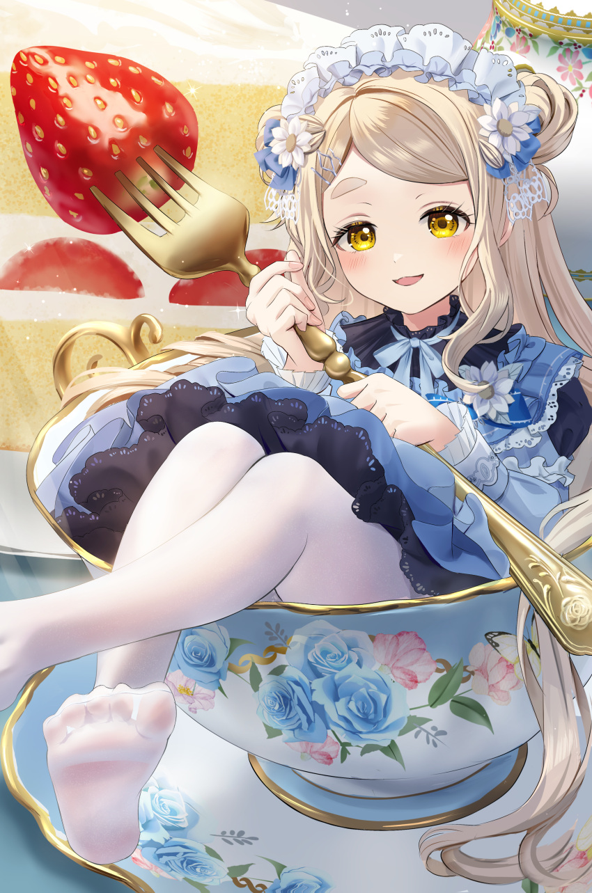 absurdres blonde_hair cake cup eyelashes feet female floral_print flower food fork fruit giant_fork hair_flower hair_ornament highres holding holding_fork in_container in_cup long_hair machita_chima machita_chima_(6th_costume) maid maid_headdress nakaneabura8623 nijisanji oversized_food oversized_object pantyhose rose_print solo strawberry strawberry_cake teacup virtual_youtuber white_flower white_pantyhose yellow_eyes