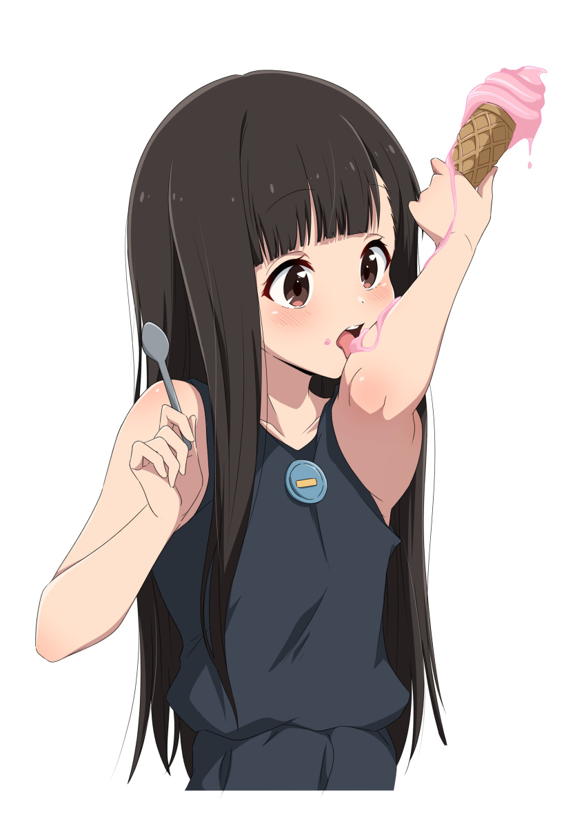 absurdres arm_up black_hair blue_dress brown_eyes dress female food food_on_face highres holding holding_ice_cream_cone holding_spoon ice_cream ice_cream_cone ice_cream_cone_spill licking_arm light_blush long_hair make_heroine_ga_oo_sugiru! nishizuki_shino nukumizu_kaju open_mouth single_tooth spoon straight_hair teeth upper_body upper_teeth_only white_background