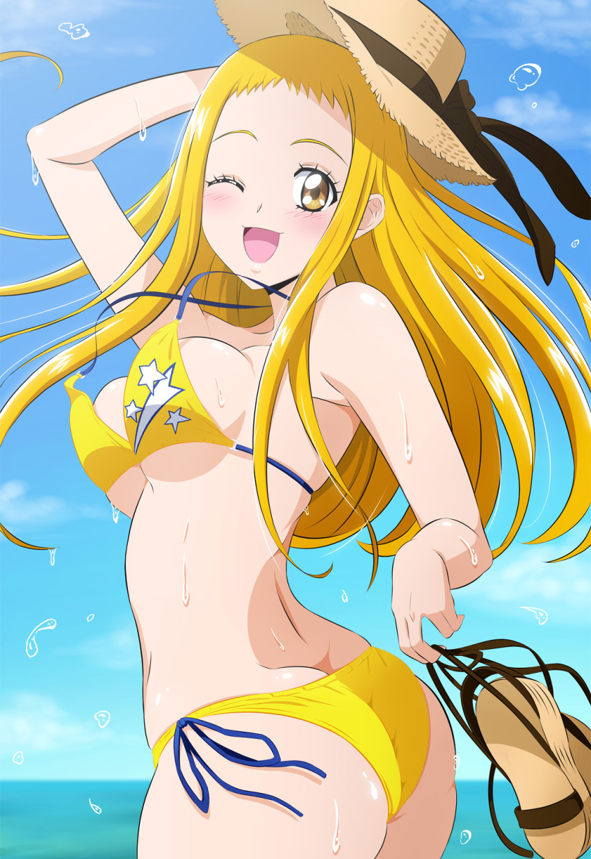 aged_up ass beach bikini blonde_hair blue_sky breasts cloud female fuchi_(nightmare) hat highres holding holding_shoes kasugano_urara_(yes!_precure_5) large_breasts light_blush long_hair looking_at_viewer one_eye_closed open_mouth outdoors precure shoes sky smile solo sun_hat swimsuit unworn_shoes wet yellow_bikini yellow_eyes yes!_precure_5