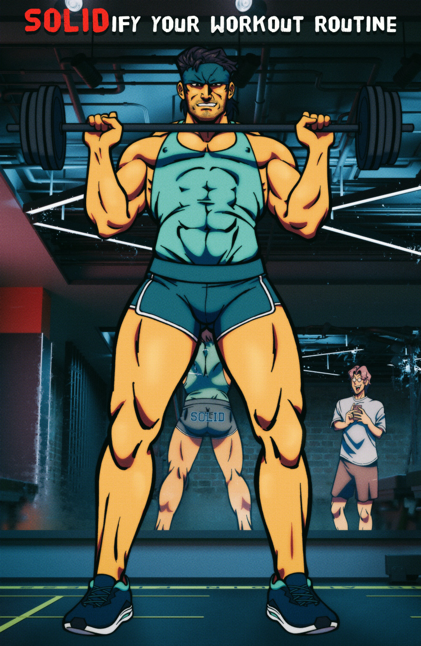 2boys absurdres ass bara barbell black_hair black_headband blue_shorts blue_tank_top clenched_teeth covered_nipples english_text exercising facial_hair hal_emmerich headband highres holding large_pectorals male_focus mature_male metal_gear_(series) metal_gear_solid miles_mandel multiple_boys muscular muscular_male pectorals short_hair shorts solid_snake tank_top teeth thick_thighs thighs weightlifting