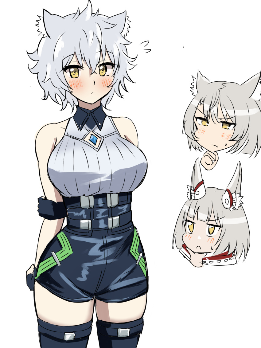 animal_ears blush breast_envy breasts cat_ears cat_girl chest_jewel clothing_cutout commentary_request confused core_crystal_(xenoblade) crystal diamond_cutout ereka fingerless_gloves gloves high-waist_shorts highres large_breasts looking_at_breasts looking_at_viewer messy_hair mio_(xenoblade) multiple_girls na'el_(xenoblade) nia_(xenoblade) romper short_hair short_shorts shorts simple_background thighhighs white_background xenoblade_chronicles_(series) xenoblade_chronicles_3 xenoblade_chronicles_3:_future_redeemed yellow_eyes