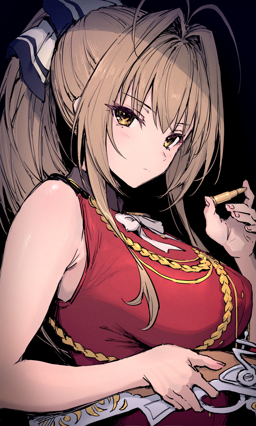 amagi_brilliant_park bare_shoulders black_background blush breasts bullet closed_mouth female from_side gun haoni highres holding holding_bullet holding_gun holding_weapon large_breasts light_brown_hair long_hair looking_to_the_side ponytail sento_isuzu sidelocks simple_background solo upper_body weapon yellow_eyes