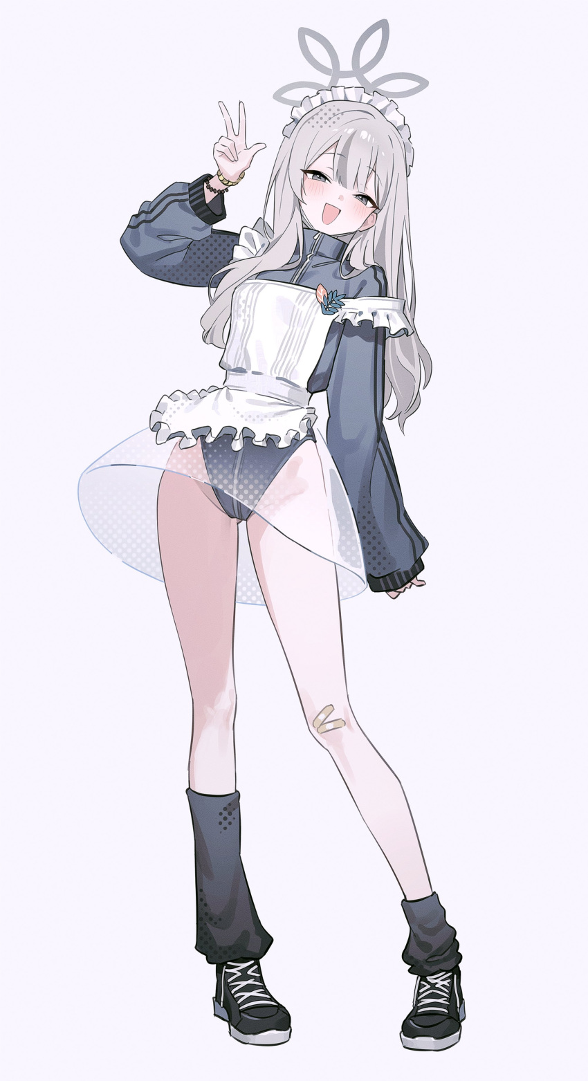 absurdres apron arm_up bandaid bandaid_on_knee bandaid_on_leg black_footwear black_socks blue_archive female full_body fymrie halo highres jersey_maid konoka_(blue_archive) long_hair looking_at_viewer maid maid_apron maid_headdress multicolored_hair open_mouth shoes single_loose_sock smile sneakers socks solo streaked_hair unconventional_maid w