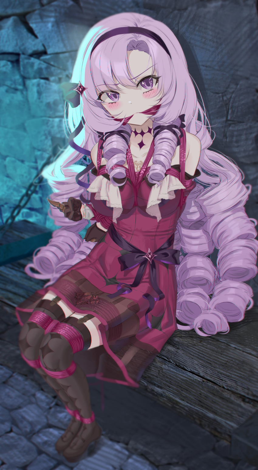 absurdres black_thighhighs blush bondage bondage bondage bound cailin020 cleave_gag cloth_gag dress drill_hair female full_body gag gagged highres hyakumantenbara_salome improvised_gag looking_at_viewer nijisanji purple_eyes purple_hair red_dress restrained sitting solo thighhighs