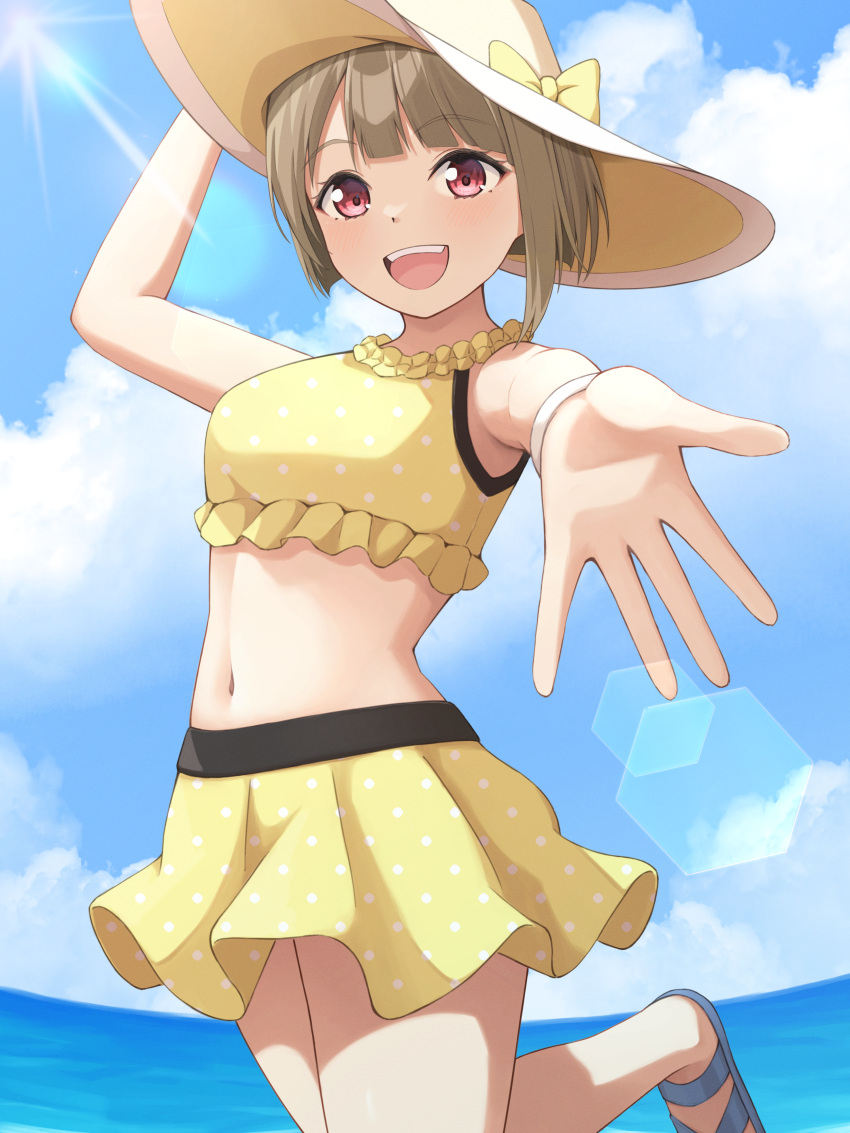 :d absurdres asymmetrical_hair beach bikini bikini_skirt blue_sky bob_cut bow breasts cloud cowboy_shot female fisheye foreshortening frilled_bikini frills hat hat_bow hexagon highres horizon leg_up light_brown_hair looking_at_viewer love_live! love_live!_nijigasaki_high_school_idol_club medium_breasts midriff nakasu_kasumi navel non-circular_lens_flare open_mouth outdoors outstretched_arm red_eyes samesuke_(315samesuke) sandals short_hair sidelocks sky smile solo sun_hat swimsuit teeth upper_teeth_only yellow_bikini yellow_bow