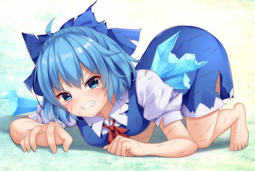 absurdres ahoge all_fours angry barefoot blue_bow blue_dress blue_eyes blue_hair blush bow cirno clenched_teeth collared_shirt commentary_request defeat dress fairy female full_body hairbow highres huge_bow ice ice_wings looking_at_viewer oerba_yun_fang puffy_short_sleeves puffy_sleeves red_bow shirt short_hair short_sleeves simple_background sleeveless sleeveless_dress solo suigetsu_(watermoon-910) tears teeth toes top-down_bottom-up torn_bow torn_clothes torn_dress torn_shirt torn_wings touhou tsurime v-shaped_eyebrows white_shirt wings