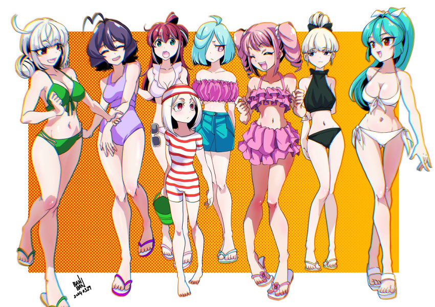 akoya_matama anemo_nemo araga_kiwi ass_visible_through_thighs bikini black_bikini black_hair blonde_hair blue_hair blunt_bangs breasts brown_hair collarbone everyone flat_chest frilled_bikini frills front-tie_bikini_top front-tie_top full_body green_hair hair_between_eyes hanabishi_haruka highres hiiragi_utena ikaika0326 large_breasts leberblume leoparde_(mahou_shoujo_ni_akogarete) loco_musica long_hair magia_azure magia_baiser magia_magenta magia_sulfur mahou_shoujo_ni_akogarete medium_breasts minakami_sayo morino_korisu nero_alice pink_bikini pink_hair ponytail red_eyes signature small_breasts smile swimsuit tenkawa_kaoruko thighs