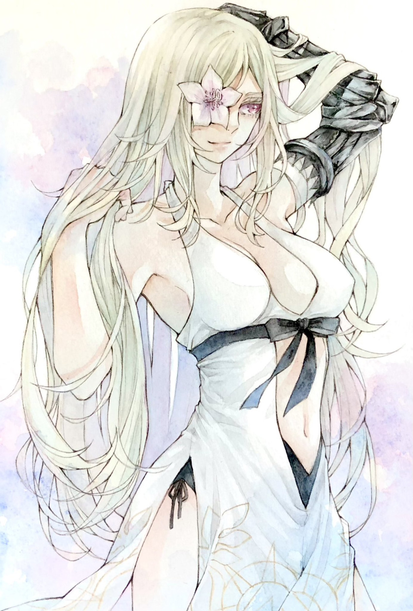 black_ribbon breasts collarbone commentary_request drag-on_dragoon drag-on_dragoon_3 dress female flower flower_over_eye halterneck highres large_breasts long_hair looking_ahead mechanical_arms navel prosthesis prosthetic_arm red_eyes ribbon single_mechanical_arm solo white_dress white_hair yurikawa_(yurikawa_kwyr) zero_(drag-on_dragoon)