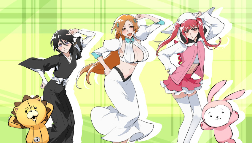 3girls :d animal_ear_hood animal_ears arm_up arm_warmers bare_shoulders black_hair black_hakama black_kimono bleach bleach:_sennen_kessen-hen blush breasts brown_eyes carnival_phantasm cleavage closed_mouth commentary_request dancing detached_sleeves dokugamine_riruka drop_shadow eyelashes fake_animal_ears feet_out_of_frame frown green_background hair_ornament hakama hand_on_own_hip happy highres hood hood_up inoue_orihime japanese_clothes juliet_sleeves kimono kon_(bleach) korean_commentary kuchiki_rukia large_breasts long_hair long_skirt long_sleeves looking_at_viewer losloslaus miniskirt multiple_girls navel open_mouth orange_hair parody parted_bangs pink_skirt puffy_sleeves purple_eyes rabbit_ears red_eyes red_hair short_hair simple_background skirt sleeves_past_wrists smile standing star_(symbol) star_hair_ornament stuffed_animal stuffed_lion stuffed_rabbit stuffed_toy super_affection thighhighs tsurime twintails very_long_hair white_arm_warmers white_skirt white_thighhighs wide_sleeves zettai_ryouiki