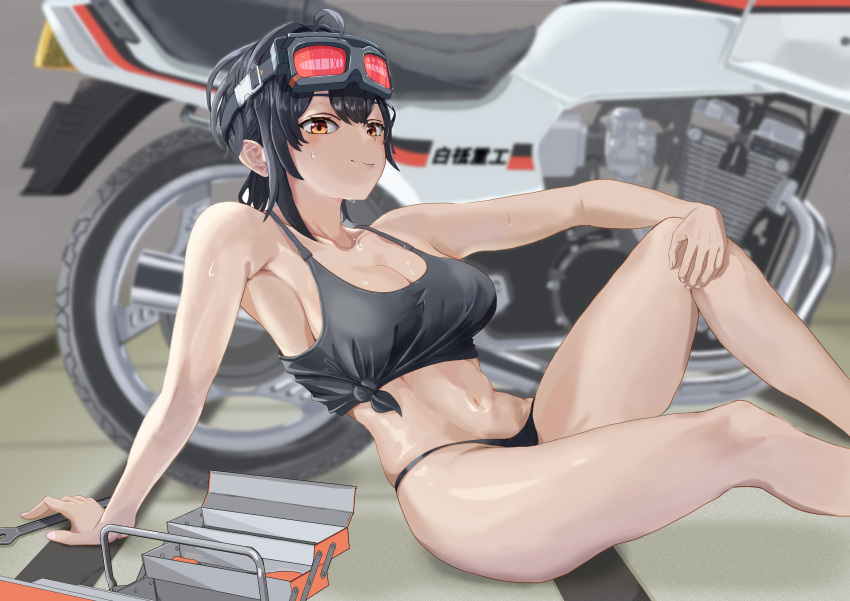 absurdres ahoge bare_legs black_hair black_panties black_tank_top breasts cleavage collarbone feet_out_of_frame female goggles goggles_on_head grace_howard hair_between_eyes hand_on_own_knee highres knee_up large_breasts long_hair looking_at_viewer midriff motor_vehicle motorcycle navel orange_eyes panties sitting smile solo stomach swastika_(par_tickle) sweat tank_top thighs tied_tank_top toned_female toolbox underwear wrench zenless_zone_zero